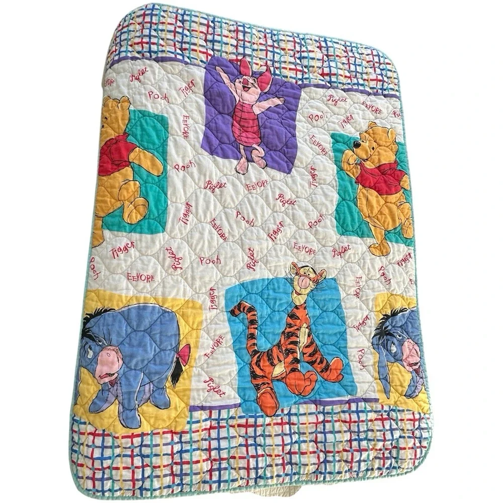 2 Vtg 1995 Disney Winnie The Pooh Baby Crib‎ Blanket Nursery Quilt Fleece USA